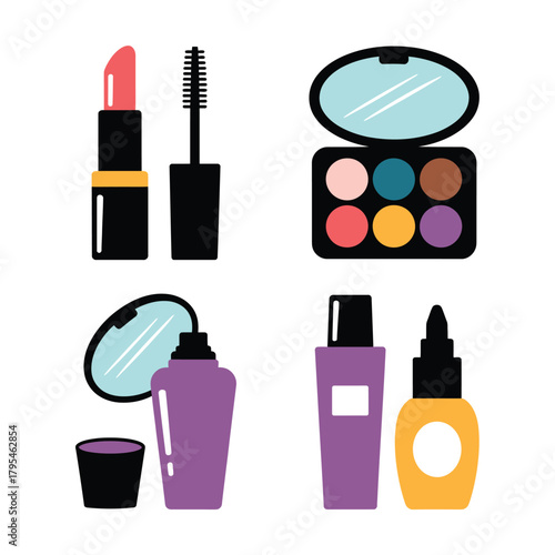 Collection of colorful makeup and beauty products on a white background