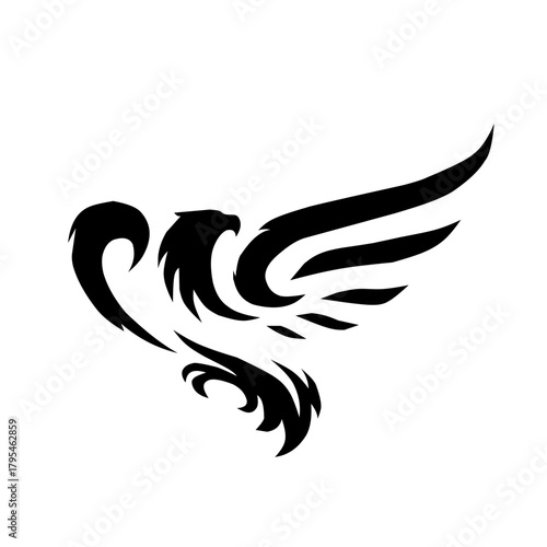 A dramatic, stylized black silhouette of a flying Phoenix or powerful bird (eagle/hawk), rendered with flowing, flame-like tribal lines, symbolizing rebirth, freedom, and dynamic motion.