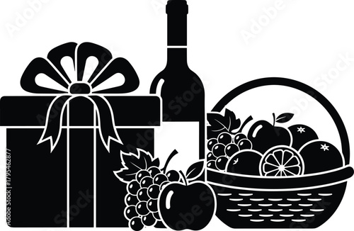 Gift box with ribbon, wine bottle and fruit basket silhouette, festive holiday hamper illustration, celebratory present composition vector art