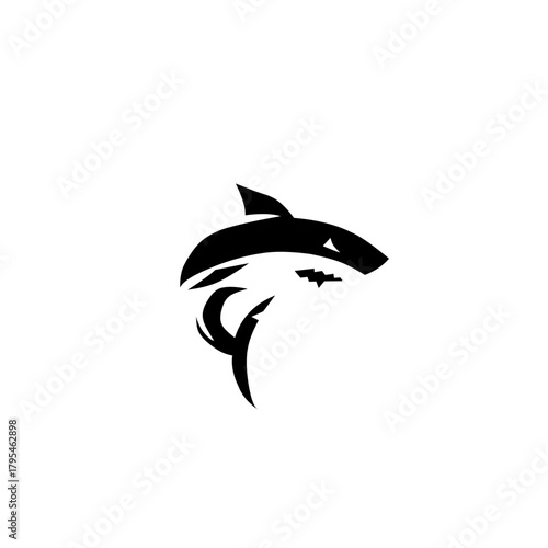 An aggressive, dynamic black silhouette of a shark's head, featuring sharp teeth and fluid, stylized lines, symbolizing speed, predatory instinct, and power in the ocean.