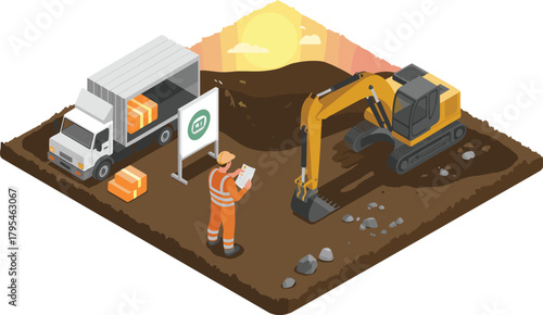 Isometric construction site illustration with worker, excavator and delivery truck, industrial building process scene perfect for engineering, logistics, architecture and development projects