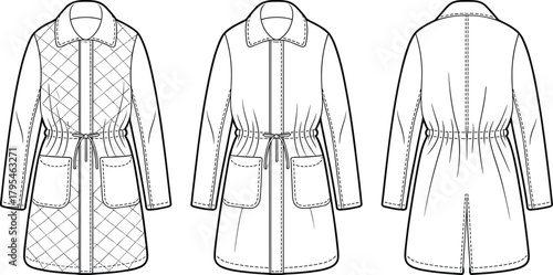 Technical flat fashion drawing of a mid-length quilted shacket or jacket featuring a collar, drawstring waist, and patch pockets, showing front and back views for apparel design templates.
