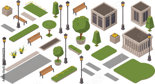 Isometric city park and urban buildings illustration, landscaped trees, benches, street lamps and greenery, perfect for city planning, architecture, and design projects