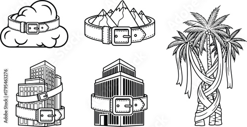Creative conceptual vector set featuring cloud, mountains, buildings, and palm trees wrapped with belts, symbolizing restriction, limitation, control, pressure themes