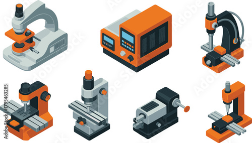 Isometric laboratory and workshop equipment set, scientific microscopes and precision machining tools, detailed technical illustration collection for engineering, industrial, and research projects