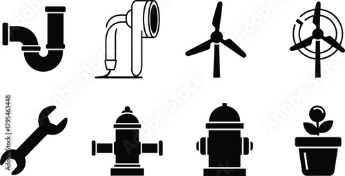 Industrial utility icon set featuring plumbing pipe, blower machine, wind turbines, wrench tool, fire hydrants, and flower pot, clean modern vector design