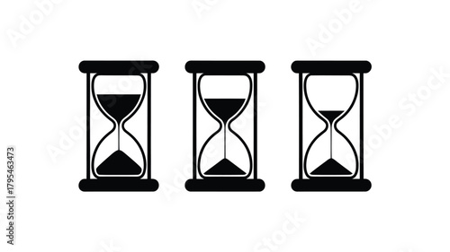 Three distinct hourglasses symbolize the passage of time, urgency, and the preciousness of moments slipping away.