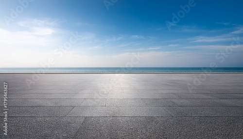 empty sea view plaza with clear sky background asphalt floor gray wall rendering sea view plaza clear sky background