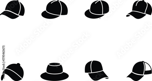 Collection of assorted hats and caps in simple black and white