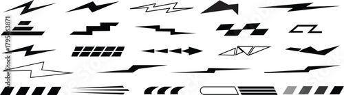 Dynamic vector set featuring abstract speed lines, lightning bolt shapes, and geometric graphic elements perfect for energetic designs and modern decals