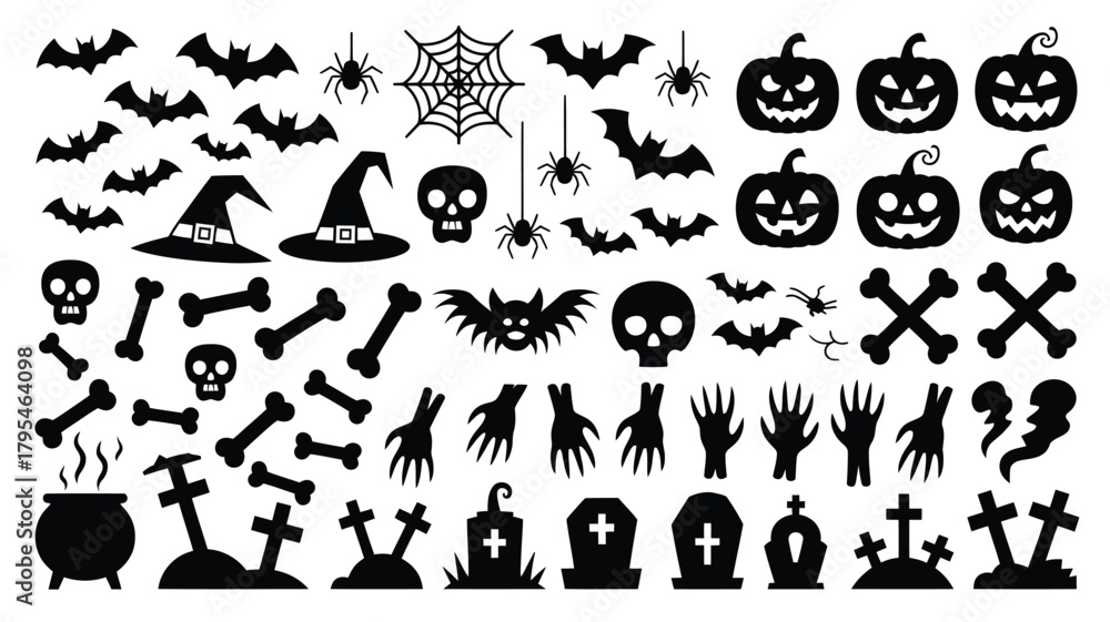 Naklejka premium Spooky Halloween silhouettes featuring haunted houses, ghosts, witches, skeletons, bats, and creepy trees perfect for festive designs