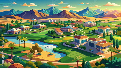 Very beautiful aerial view of a golf course and residential community in Las Vegas, Nevada, USA, featuring manicured greens, tree-lined fairways, surrounding suburban homes, and distant desert mountai