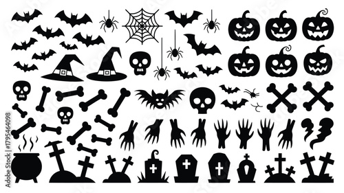 Spooky Halloween silhouettes featuring haunted houses, ghosts, witches, skeletons, bats, and creepy trees perfect for festive designs