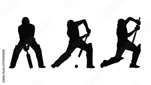 Dynamic cricket player silhouettes capturing aggressive batting actions and fielding poses, perfect for sports promotions and action graphics.