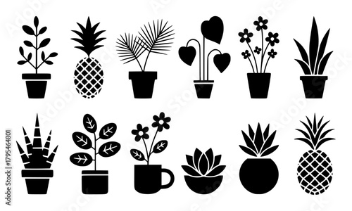 Collection of Black and White Potted Plant Silhouettes
