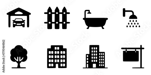Collection of Black Icons Garage, Fence, Bathtub, Shower, Tree, Buildings, Sign