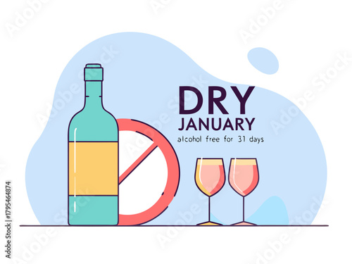 Dry January Illustration with Wine Bottle Glasses and No Alcohol Sign