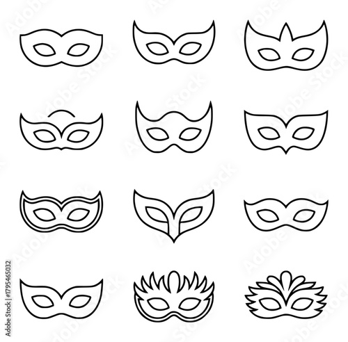 Collection of Diverse Masquerade Masks in Outline Style
