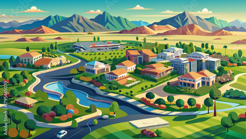 Very beautiful aerial view of a golf course and residential community in Las Vegas, Nevada, USA, featuring manicured greens, tree-lined fairways, surrounding suburban homes, and distant desert mountai