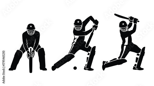 Dynamic cricket players in action silhouettes show batting and wicket-keeping prowess for sports graphics and designs