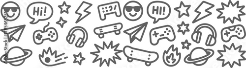 Hand-drawn doodle vector set with cool icons like skulls, smiley faces, lightning bolts, game controller, and more. Perfect for t-shirts, stickers, and streetwear graphics