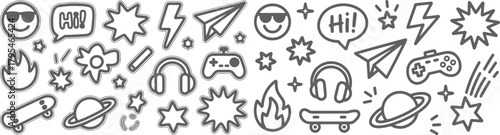 Hand-drawn doodle vector set with cool icons like skulls, smiley faces, lightning bolts, game controller, and more. Perfect for t-shirts, stickers, and streetwear graphics