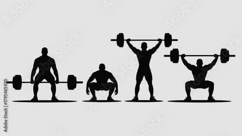 Dynamic silhouetted athletes powerfully executing weightlifting movements, showcasing strength and athletic achievement in a clean, modern aesthetic.