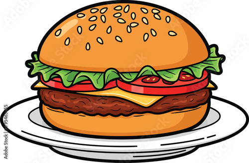 Cartoon cheeseburger with lettuce tomato and a beef patty on a sesame seed bun served on a plate.