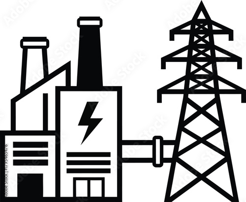 Black and white icon of a power plant with a lightning bolt symbol connected to an electricity transmission tower.