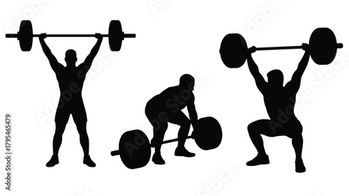 Dynamic silhouettes capture the power and intensity of weightlifting, showcasing strength training and athletic achievement in action.