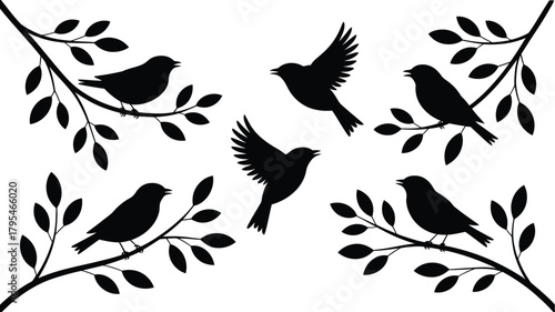 Charming black bird silhouettes perched and flying amidst delicate branches with leaves, creating a serene natural scene perfect for whimsical designs.