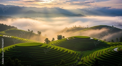 Verdant Rice Terraces Bathed in Ethereal Light and Mist, Mu Cang Chai, Vietnam