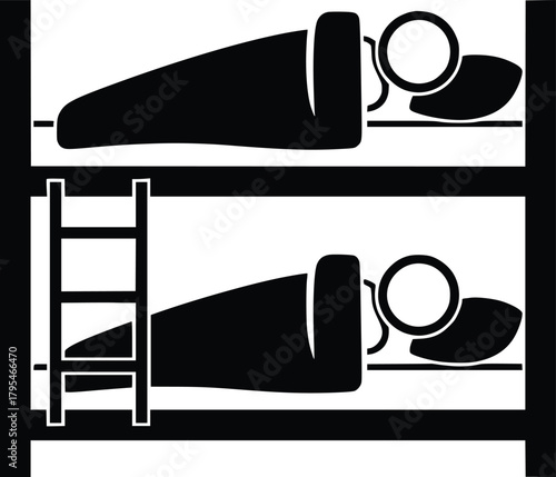 Black and White Vector Icon of Two People Sleeping in Bunk Bed Representing Shared Sleeping Arrangements
