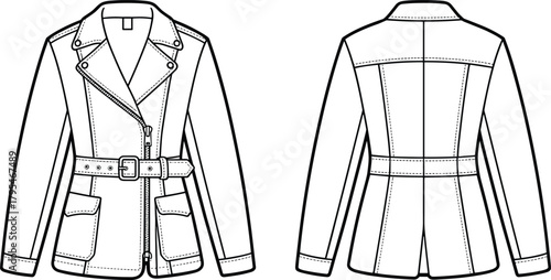 Technical flat fashion sketch of a fashionable motorcycle/biker jacket featuring an asymmetrical zipper, studded lapels, belted waist, and flap pockets, ideal for women's apparel design templates.