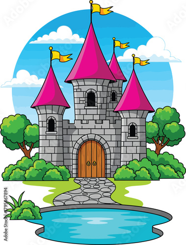 Charming cartoon fairytale castle with grey stone walls pink conical roofs and yellow flags.