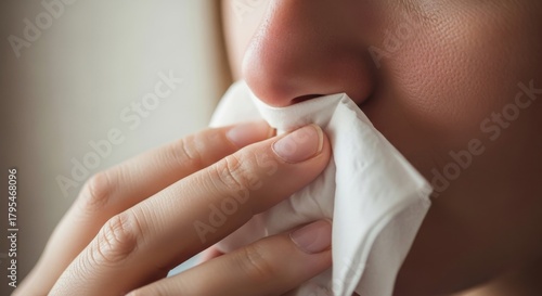 Close-up of a person blowing their nose into a clean white tissue, suffering from seasonal allergies or a common cold.