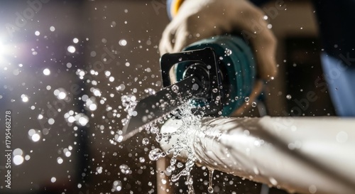 Close-up of a reciprocating saw blade cutting a pvc pipe, resulting in a dramatic, splashing spray of water.