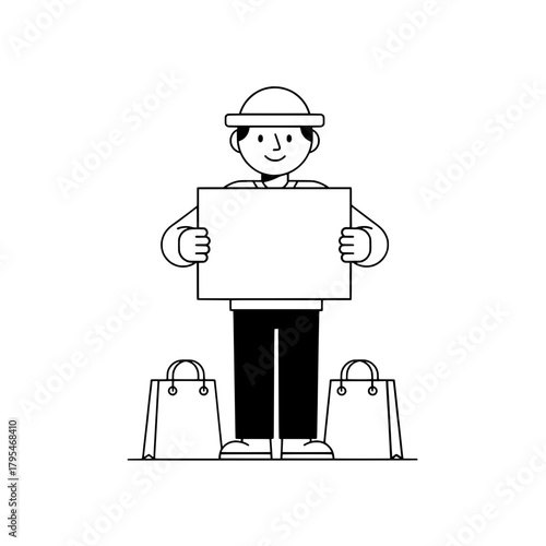 Deliveryman smiles holding sign on street showing shopping bags outline minimalist vector