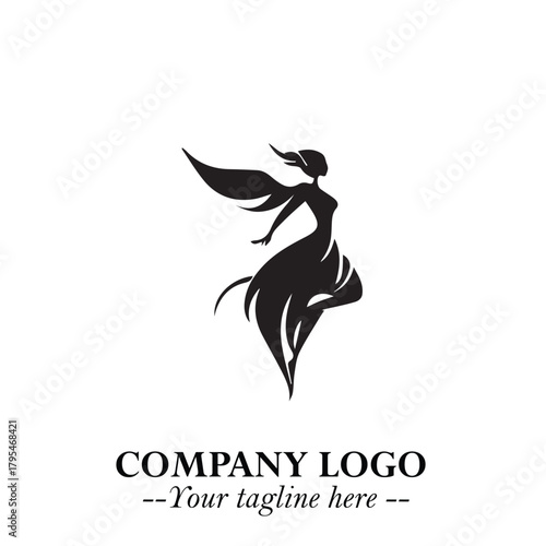 Elegant Black Angel Woman Silhouette Logo Symbol on White Background