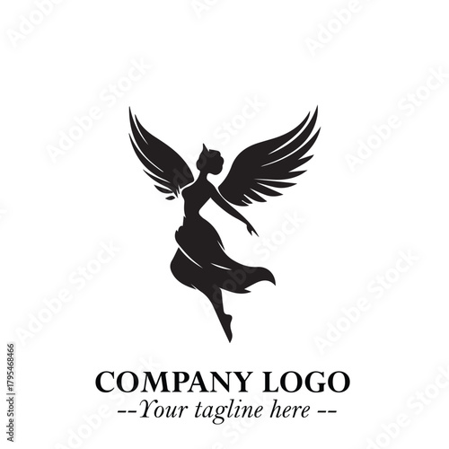 Elegant Black Angel Woman Silhouette Logo Symbol on White Background
