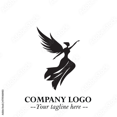 Elegant Black Angel Woman Silhouette Logo Symbol on White Background