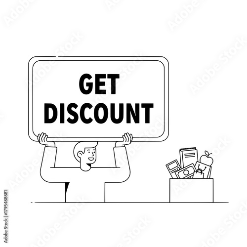 Male character promotes discount deal with shopping items in retail store sale event illustration