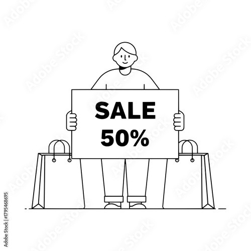 Male figure holds sale sign amid shopping bags offering discount at retail location promoting savings