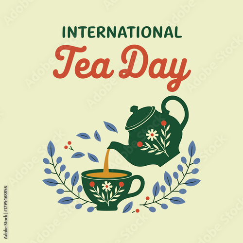International tea day celebrated with a teapot pouring tea into a cup, surrounded by floral branches, highlighting the art and pleasure of brewing and enjoying tea