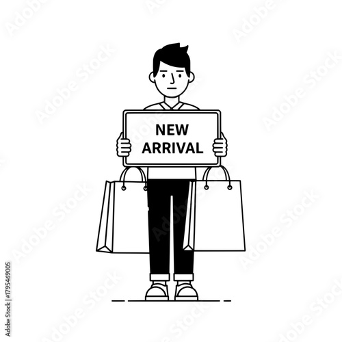 Man holds sign presents new arrivals in retail store shopping