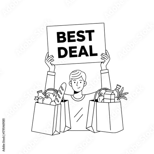 Man holds sign showing groceries offers promotion in shop