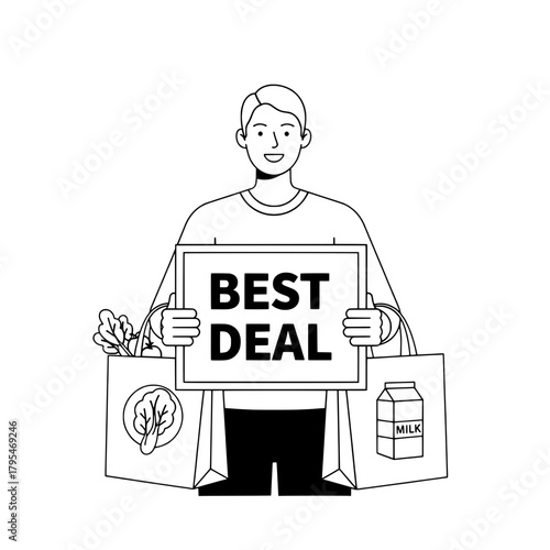 Man showcases bargain holding groceries during promotional shopping event detail