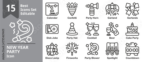New Year party icon set. Contains fireworks, countdown clock, champagne toast, confetti, party hats, balloons, and neon lights. Editable outline vector illustration.