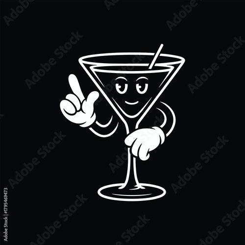 Retro Cartoon Martini Glass Character Mascot Pointing Up Vintage 1930s Rubber Hose Style