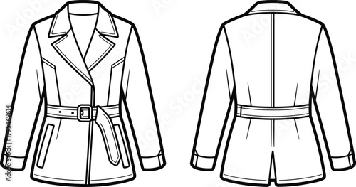 Technical flat fashion sketch of a chic belted jacket with a wide lapel collar and clean lines, showcasing both front and back views for creating professional apparel design templates.